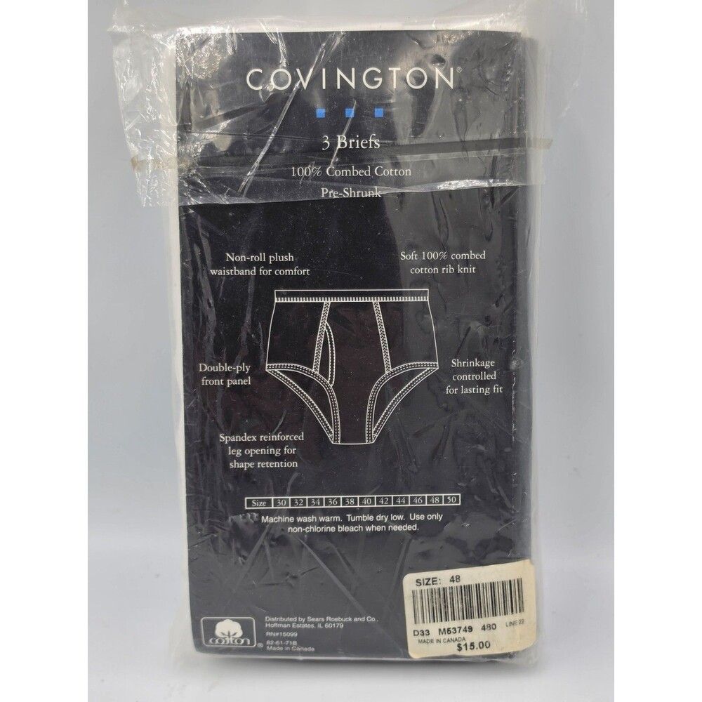 New Vtg 3 Pairs Covington Men's White 100% Combed Cotton Briefs Sz 48 Doubl Ply - Picture 2 of 2